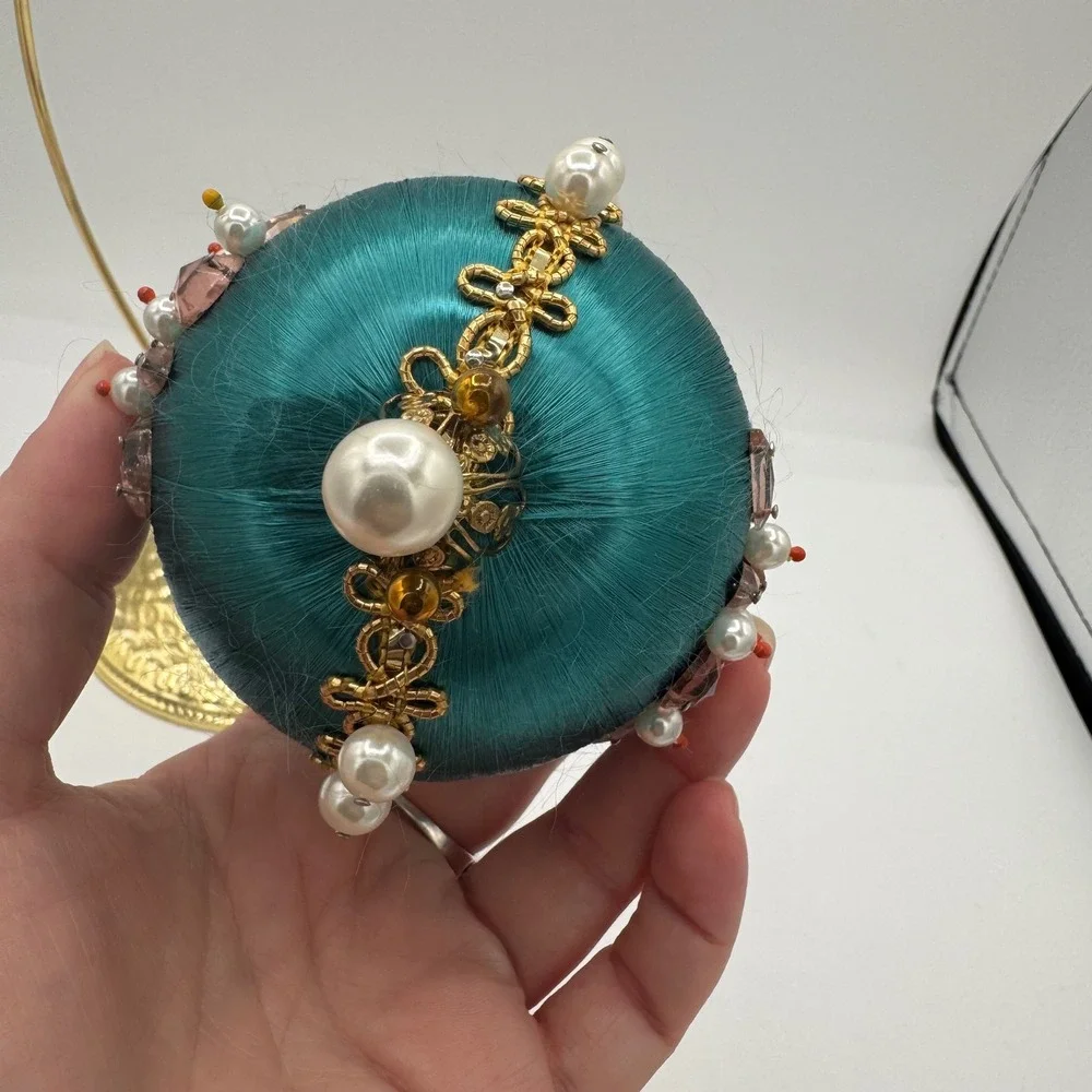 Vintage Teal Satin Beaded Christmas Ornaments Faux Pearl Gold Leaf Set of 2